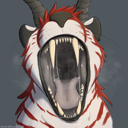 bodily_fluids dripping eyes_closed fangs fur horn mouth_shot open_mouth oral_vore red_stripes saliva saliva_drip saliva_on_tongue stripes teeth throat vore white_body white_fur aurorabound felid feline hellcat mammal hi_res