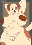 anthro belly big_breasts big_butt breasts butt emoji female fur hands_behind_head markings mature_female pubes slightly_chubby solo spots spotted_markings tail tan_body tan_fur thick_thighs day74art canid canine canis domestic_dog mammal hi_res