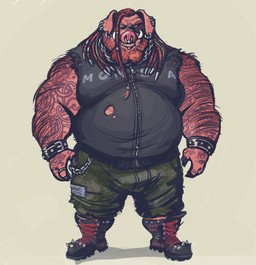 anthro arm_hair beard body_hair boots bracelet clothed clothing dreadlocks ear_piercing facial_hair facial_piercing footwear green_eyes hair hairy jewelry lip_piercing looking_at_viewer male multiple_piercings muscular muscular_anthro muscular_male nose_piercing nose_ring orange_hair overweight overweight_anthro overweight_male piercing ring_piercing shoes shoulder_hair simple_background solo tattoo torn_clothing tusks dramamine mammal suine 2018 alternate_version_at_source hi_res