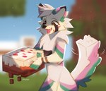 anthro black_nose blurred_background blush cake cheek_tuft chest_tuft dessert facial_tuft featureless_crotch food fur green_body green_fur heart_eyes heart_symbol holding_cake holding_food holding_object light nude open_mouth open_smile pink_body pink_fur smile solo square_(anatomy) standing text tuft white_body white_fur hyilpi microsoft minecraft mojang xbox_game_studios canid canine mammal 2023 absurd_res artist_name digital_media_(artwork) hi_res lighting