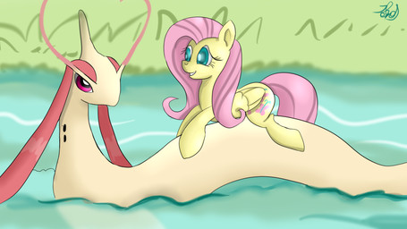 duo female swimming wings jbond friendship_is_magic hasbro my_little_pony mythology nintendo pokemon fluttershy_(mlp) equid equine generation_3_pokemon mammal milotic mythological_creature mythological_equine pegasus pokemon_(species) 16:9 hi_res widescreen