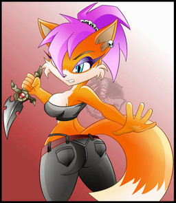 belt blue_eyes bottomwear breasts butt clothing dagger dipstick_tail ear_piercing ear_ring eyebrows eyelashes eyeshadow female fur hair holding_dagger holding_melee_weapon holding_object holding_weapon makeup markings medium_breasts melee_weapon one_eye_obstructed orange_body orange_fur panties pants piercing pockets purple_hair ring_piercing shirt skull_ear_ring skull_hair_accessory solo tail tail_markings teeth thong topwear underwear weapon goblinhordestudios canid canine fox mammal 2010 absurd_res hi_res