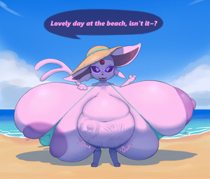 after_vore anthro areola beach belly big_breasts biped bone_imprints breasts clothed clothing cute_fangs death detailed_background dialogue eyelashes fangs feet female fingers forehead_gem forked_tail front_view gem hand_on_breast hat headgear headwear huge_breasts hyper hyper_breasts imprint ineffective_clothing looking_at_viewer monotone_body mostly_nude nipples onomatopoeia open_mouth outside paws purple_body purple_ears sky solo sound_effects speech_bubble standing tail teeth text underwear unusual_anatomy unusual_tail vore kinkirin nintendo pokemon eeveelution espeon generation_2_pokemon pokemon_(species) 2025 digital_drawing_(artwork) digital_media_(artwork) english_text hi_res
