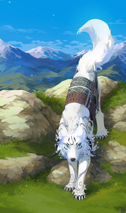 ambiguous_gender black_horn black_markings black_nose blue_eyes blue_sky cheek_tuft claws facial_markings facial_tuft feral fluffy fluffy_tail front_view fur glistening glistening_eyes grass head_markings horn looking_aside markings mountain outside plant pupils rock sky slit_pupils solo tail tuft unsigned white_body white_claws white_fur white_tail corzh77 canid canine canis mammal absurd_res full-length_portrait hi_res portrait