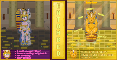 ambiguous_fluids anthro bad_end before_and_after blonde_hair bodily_fluids clothed clothing colored_nails costume cum duo egyptian egyptian_clothing egyptian_headdress entombment female female/female female_penetrated full_nelson game_over gameplay_mechanics genital_fluids gold_(metal) gold_jewelry golden_clothing green_eyes hair harem harem_outfit inanimate_transformation jewelry lingerie male male/female male_penetrating male_penetrating_female mummy_wrappings nails partially_clothed penetration petrification pink_hair pose sex transformation trapped milkybun29 shantae_(series) wayforward milky_rivas animate_inanimate lagomorph leporid mammal mummy rabbit undead digital_media_(artwork) hi_res pixel_(artwork)