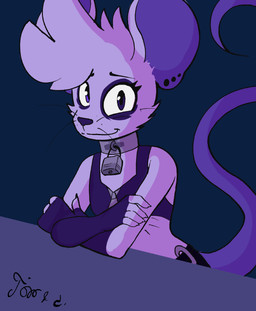 ambiguous_gender anthro armwear belt big_ears big_hair black_nose bottomwear cheek_tuft choker clothing crop_top crossed_arms dark_room ear_piercing eye_markings eyelashes eyeliner facial_tuft fingerless_gloves gloves hair handwear head_tuft jewelry leaning leaning_forward lock long_tail looking_at_viewer makeup markings midriff nails necklace padlock padlocked_collar piercing sharp_nails shirt smile solo tail topwear tuft whiskers zipper jojo_hernandez peggy_(modeus) mammal mouse murid murine rodent hi_res signature nonbinary_(lore)