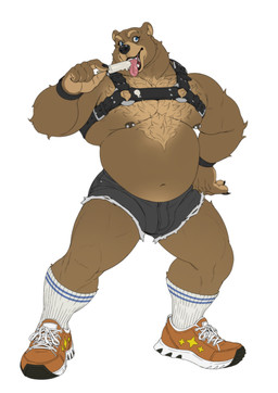 5_fingers anthro belly biceps big_belly black_lips black_nails black_nose blue_eyes body_hair bottomwear bracelet brown_body brown_fur brown_nipples bulge chest_hair chest_tuft clothing colored_nails denim denim_bottomwear denim_clothing denim_shorts dessert eyelashes fingers food footwear fur hand_on_hip harness holding_food holding_object holding_popsicle hotpants ice_cream jewelry licking_popsicle lips male moobs multicolored_body multicolored_fur muscular muscular_anthro muscular_male muscular_thighs nails navel nipple_piercing nipples open_mouth piercing pink_tongue popsicle shoes shorts simple_background sneakers socks solo standing tan_body tan_fur thick_calves tongue tuft two_tone_body two_tone_fur vanilla_ice_cream white_background nesskain honey_hunter bear brown_bear mammal ursine 2025 hi_res