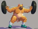 anthro balls barbell belly biceps bodily_fluids clothing exercise flaccid footwear foreskin genitals grey_background humanoid_genitalia humanoid_penis long_foreskin looking_at_viewer male musclegut muscular muscular_anthro muscular_male navel nipples nude overweight overweight_anthro overweight_male pecs penis shoes simple_background smile socks solo squats sweat weightlifting workout conditional_dnp sinibun_95 pj_(pittiepj) canid canine canis domestic_dog mammal pit_bull 2021 hi_res