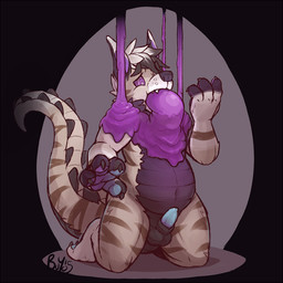 anthro balls biped black_hair blue_body blue_penis blue_skin brown_body brown_fur claws corruption erection fangs force_feeding forced fur genitals hair hypnosis kneeling male markings mind_control multicolored_body multicolored_fur multicolored_hair multicolored_tail navel nude oral oral_penetration penetration penis possession pupils purple_body purple_eyes ringed_eyes simple_background slightly_chubby slime solo striped_markings striped_tail stripes tail tail_markings teeth two_tone_hair white_body white_fur white_hair white_pupils buyo_(artist) khari alligator alligatorid crocodilian hybrid hyena mammal reptile scalie striped_hyena 1:1