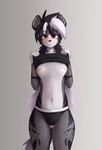 anthro bottomwear breasts clothing ear_piercing female fur gauged_ear hair multicolored_body nipple_tape pants pasties piercing red_eyes simple_background solo tail tape observerdoz stigmata_(observerdoz) hyena mammal 2025 absurd_res hi_res