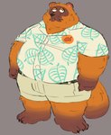 anthro belly big_belly black_nose bottomwear brown_body clothing male overweight overweight_male shirt shorts simple_background solo topwear smut_leo animal_crossing nintendo tom_nook_(animal_crossing) canid canine mammal raccoon_dog tanuki 2023 hi_res