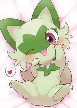 3_toes ambiguous_gender bedding bedding_background big_eyes blush blush_lines cheek_tuft cute_fangs eyelashes facial_markings facial_tuft fangs featureless_crotch feet feral front_view fur fur_tuft green_body green_ears green_fur green_inner_ear green_markings green_tail head_markings heart_symbol high-angle_view iris light looking_at_viewer lying markings neck_tuft on_back one_eye_closed open_mouth open_smile paws pink_eyes pink_nose pointy_ears prick_ears pupils quadruped simple_background small_nose smile smiling_at_viewer solo speech_bubble spread_legs spreading tail teeth toes tuft white_background white_bedding wink kajiura nintendo pokemon generation_9_pokemon pokemon_(species) sprigatito 2022 colored digital_drawing_(artwork) digital_media_(artwork) full-length_portrait lighting portrait shaded