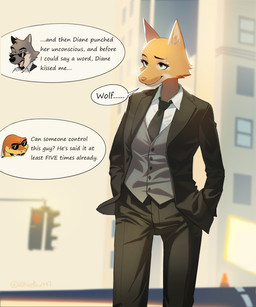 anthro biped black_clothing black_suit clothed clothed_anthro clothed_female clothing dialogue eyebrow_piercing eyewear facial_piercing female fully_clothed fully_clothed_anthro fully_clothed_female fur glasses group hand_in_pocket male orange_body orange_fur pattern_background piercing pink_nose pockets shirt simple_background smile solo suit suit_and_tie text topwear trio white_clothing white_shirt white_topwear whitebird447 dreamworks the_bad_guys diane_foxington mr._snake_(the_bad_guys) mr._wolf_(the_bad_guys) canid canine fox mammal reptile scalie snake 5:6 absurd_res comic digital_media_(artwork) english_text hi_res