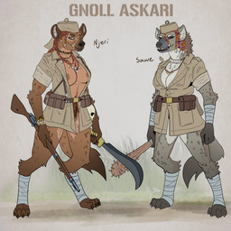 anthro areola areola_slip body_hair braided_hair breasts clothed clothing club_(weapon) duo female fur gun hair hairy_vulva happy_trail jacket markings melee_weapon military_uniform nipples no_underwear pubes ranged_weapon spots spotted_arms spotted_body spotted_fur spotted_legs spotted_thighs sword topwear uniform weapon goeliath gnoll hyena mammal 1:1 absurd_res hi_res