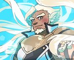 animal_humanoid armor blonde_hair blush brown_eyes bust_portrait eyebrows facial_hair goatee hair huckle humanoid lifewonders live_a_hero looking_at_viewer male portrait shizu_ponnu solo thick_eyebrows