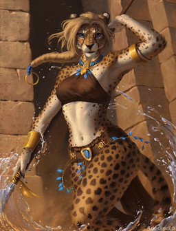 accessory anthro belt belt_buckle blue_eyes bottomwear bracelet breasts buckle clothing collar countershade_arms countershade_face countershade_torso countershading cuff_(restraint) elemental_manipulation female frown gem glaive gold_(metal) gold_bracelet gold_jewelry gold_necklace hair hair_accessory hair_ring holding_glaive holding_melee_weapon holding_object holding_polearm holding_weapon jewelry loincloth looking_at_viewer magic magic_user melee_weapon midriff navel necklace open_mouth orange_hair polearm raised_arm red_clothing red_topwear restraints scowl slim solo tan_body tan_countershading text topwear tribal warrior water water_manipulation weapon wind wrist_cuffs yellow_body ariesredlo cheetah felid feline mammal 2025 artist_name hi_res portrait three-quarter_portrait