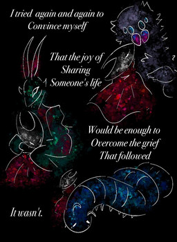 abstract_background ambiguous/ambiguous ambiguous_gender anthro bestiality black_background blue_body cloak clothing duo eyes_closed feral fluffy fur green_body grey_body grey_fur hug kissing mouthless multi_eye multiple_partners red_cloak red_clothing romantic romantic_couple sad serpentine simple_background size_difference text white_line_art fernshawart hollow_knight_(franchise) team_cherry hornet_(hollow_knight) arthropod centipede insect mantis myriapod 2025 colored_line_art english_text sequence female_(lore)