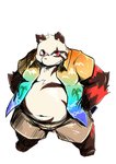 anthro black_body black_fur bottomwear clothed clothing fur kemono male open_clothing open_shirt open_topwear overweight overweight_anthro overweight_male red_body red_fur shirt shorts simple_background solo topwear white_background white_body white_fur chiro_(artist) fanfan bear giant_panda mammal 2014