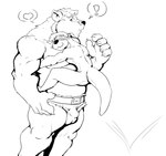 anthro belt bulge detailed_bulge duo exclamation_point eyes_closed hair heart_symbol hug looking_at_another male musclegut muscular nude_male otter_tail smile speech_bubble pandottermon badger mammal mustelid musteline otter monochrome