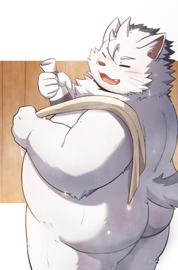 alcohol anthro belly beverage big_butt butt fur kemono male nude overweight pupils sake sake_bottle slit_pupils smile solo towel wet wet_body white_body white_fur novembe41511045 tamacolle chikuzen_(tamacolle) hi_res