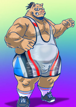anthro beard belly big_belly brown_body brown_fur bulge eyewear facial_hair fur glasses kemono male moobs obese overweight overweight_male simple_background solo wrestling_singlet raozone mammal suid suine sus_(pig) wild_boar 2025 hi_res