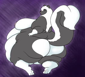 3_toes anthro areola back_rolls belly belly_overhang belly_rolls big_belly big_breasts big_butt black_body black_fur blue_eyes breasts butt fat_arms feet female fur hair huge_belly kneeling lidded_eyes long_hair looking_at_viewer looking_back looking_back_at_viewer morbidly_obese morbidly_obese_anthro morbidly_obese_female multicolored_body multicolored_fur nipples nude obese obese_anthro obese_female overweight overweight_anthro overweight_female pink_areola pink_nipples purple_background rear_view seiza simple_background sitting soles solo tail toes two_tone_body two_tone_fur white_body white_fur white_hair deloco49 jessica_(coaster14) mammal mephitid skunk 2012 digital_media_(artwork) portrait