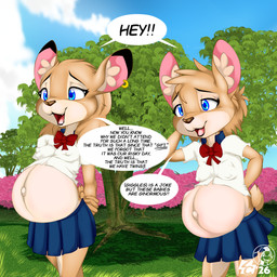 adolescent anthro belly big_belly bottomwear bow_tie breasts clothed clothing dialogue duo ear_piercing ear_ring female fur grass hair hand_behind_head navel nipple_outline open_mouth outside piercing plant pregnant pregnant_anthro pregnant_female ring_piercing school_uniform skirt smile speech_bubble standing tail text topwear tree underage_pregnancy uniform young young_anthro young_female zcomic kaiti_(piporete) katy_(piporete) deer mammal 1:1 digital_media_(artwork) english_text hi_res sibling_(lore) sister_(lore) sisters_(lore) twins_(lore)