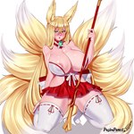 5_fingers areola big_breasts blonde_hair breasts clothing female fingers fur hair kneeling legwear multi_tail open_mouth shrine_maiden simple_background solo tail thigh_highs wide_hips yellow_body yellow_eyes yellow_fur pashapencil last_origin hirume animal_humanoid canid canid_humanoid canine canine_humanoid fox_humanoid humanoid mammal mammal_humanoid 1:1 2023 colored digital_drawing_(artwork) digital_media_(artwork) shaded