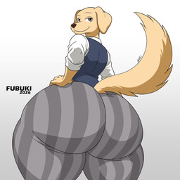anthro big_butt butt clothed clothing hand_on_hip huge_butt hyper hyper_butt looking_at_viewer looking_back male raised_tail simple_background smile smiling_at_viewer solo tail thick_thighs wide_hips wolfe_fubuki beastars jack_(beastars) canid canine canis domestic_dog mammal cel_shading hi_res shaded
