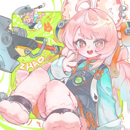 anthro blush ear_piercing ear_ring fur hair holding_melee_weapon holding_object holding_weapon looking_at_viewer melee_weapon open_mouth piercing pink_body pink_fur pink_hair ring_piercing simple_background smile solo tail weapon uito_yzwa mihoyo zenless_zone_zero zhao_(zenless_zone_zero) lagomorph leporid mammal rabbit 2026 digital_media_(artwork) hi_res