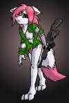 2018 3_toes anthro barefoot breasts canid canine canis chest_tuft claws clothing cybernetics cyborg david_hopkins dipstick_tail exposed_breasts feet female fur gun hair hi_res holding_gun holding_object holding_ranged_weapon holding_weapon machine mammal markings multicolored_tail nipples panties pink_hair ranged_weapon rifle shirt simple_background solo tail tail_markings toe_claws toes topwear torn_clothing tuft underwear weapon white_body white_feet white_fur wolf