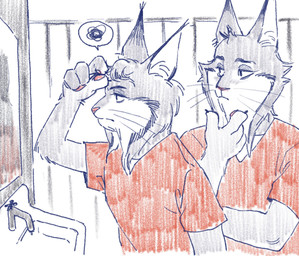 anthro clothed clothing duo ear_tuft female fur grey_body grey_fur male mirror orange_clothing orange_jumpsuit orange_shirt orange_topwear prison_cell prison_uniform prisoner shirt simple_background topwear tuft white_background thee_olynx disney zootopia cattrick_lynxley kitty_lynxley felid feline lynx mammal 2025 digital_media_(artwork) hi_res brother_(lore) brother_and_sister_(lore) sibling_(lore) sister_(lore)