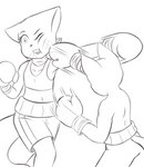 anthro boxing boxing_gloves boxing_shorts boxing_trunks bra clothed clothing duo female fully_clothed handwear male navel punching_face simple_background sport sports_bra sportswear topless underwear white_background vk102 bittersweet_candy_bowl domestic_cat felid feline felis humanoid mammal digital_media_(artwork) hi_res sketch