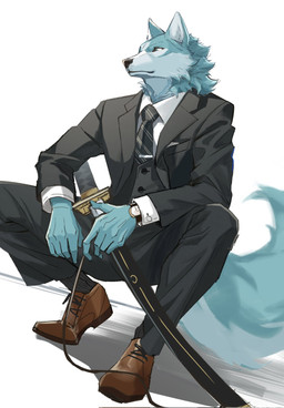 anthro athletic athletic_anthro athletic_male biped black_bottomwear black_clothing black_legwear black_necktie black_nose black_pants black_stockings black_suit blazer blue_body blue_eyes blue_fur bottomwear brown_clothing brown_footwear brown_shoes button_(fastener) cheek_tuft clock clothed clothing crouching facial_tuft footwear formal_wear fur holding_object holding_weapon katana legwear long_pants looking_aside male melee_weapon multicolored_body multicolored_fur muscular muscular_male necktie pants pattern_necktie shirt shoelaces shoes simple_background sleeveless_jacket solo stockings striped_necktie suit suit_jacket sword tail tie_clip topwear tuft two_tone_body two_tone_fur watch weapon white_body white_clothing white_fur white_shirt white_topwear dxmdwq764027 brand_new_animal studio_trigger shirou_ogami canid canine canis mammal wolf hi_res