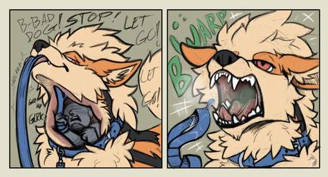 before_and_after bodily_fluids burping burping_up_leash burping_up_object collar dialogue dripping duo fangs fur gulp_(sound_effect) half-closed_eyes hand_on_leash holding_leash holding_object human_prey internal internal_oral larger_leashed larger_pred leash leash_in_mouth leash_in_own_mouth leashed_collar mouth_shot narrowed_eyes neck_bulge object_in_mouth open_mouth oral_vore saliva saliva_drip saliva_on_face saliva_on_leash saliva_on_object size_difference smaller_human soft_vore steamy_breath swallowing swallowing_sound_effect talking_to_another talking_to_pred teeth tongue vore vore_tether arkailart nintendo pokemon generic_character arcanine canid canine generation_1_pokemon human mammal pokemon_(species) absurd_res comic hi_res sequence smaller_version_at_source