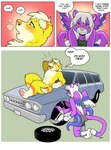 anthro artist_initials biped blue_eyes blue_markings blush breath car clothed clothed_anthro clothed_female clothing countershade_face countershade_fur countershade_neck countershade_torso countershading cutie_mark dialogue dipstick_tail duo ear_markings eyes_closed feathered_wings feathers female female_anthro front_view fully_clothed fully_clothed_anthro fully_clothed_female fur gloves_(marking) hair half-closed_eyes kneeling laugh leg_markings legs_together looking_down low-angle_view markings motion_lines multi_limb multicolored_nose multicolored_tongue narrowed_eyes nude nude_anthro nude_female orange_body orange_fur orange_markings pink_nose purple_body purple_fur rear_view side_view sitting sitting_on_car sitting_on_ground socks_(marking) speech_bubble tail tail_markings tentacles text three-quarter_view tire tired_look tongue tools vehicle white_hair white_markings wings wrench year yellow_body yellow_eyes yellow_fur blackshirtboy ford ford_galaxie hasbro my_little_pony corndog_(jollyzjackal) nicoya canid canine canis domestic_cat domestic_dog felid feline felis mammal 2017 absurd_res colored comic dated english_text hi_res shaded