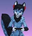 anthro biped black_body black_fur black_hair blue_body blue_eyes blue_fur chest_tuft controller electronics fur game_controller gradient_background hair headphones looking_down male neck_tuft nude simple_background smile solo standing tuft jamesfoxbr kimura felid mammal pantherine snow_leopard 2016 digital_media_(artwork) hi_res shaded