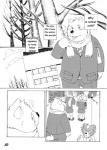anthro canid canine canis cold comic domestic_dog english_text greyscale group kurogane_(artist) male mammal monochrome overweight slightly_chubby text translated winter