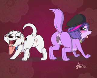 anatomically_correct anatomically_correct_genitalia anatomically_correct_vulva animal_genitalia animal_vulva anus bedroom_eyes beret blue_eyes blush body_blush butt canine_genitalia canine_vulva clothing collar darkened_genitalia duo fangs female female_feral feral flat_cap fur genitals half-closed_eyes hat headgear headwear humanoid_genitalia humanoid_vulva inviting looking_at_viewer looking_back markings mole_(marking) narrowed_eyes open_mouth presenting presenting_hindquarters presenting_vulva purple_body purple_fur quadruped raised_tail seductive spots spotted_body spotted_fur tail teeth tongue tongue_out vulva vulva_blush white_body white_fur young young_feral nekostar 101_dalmatians 101_dalmatians:_the_series disney hasbro littlest_pet_shop littlest_pet_shop_(2012) cadpig zoe_trent bird_dog canid canine canis cavalier_king_charles_spaniel dalmatian domestic_dog hunting_dog mammal spaniel toy_dog 2016 5:4 hi_res