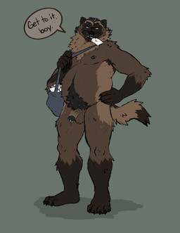 anthro armpit_hair balls barbell_piercing black_body black_fur black_hair black_penis body_hair brown_body brown_fur brown_penis delivery_(commerce) facial_hair facial_piercing foreskin fur genital_piercing genitals gloves_(marking) hair half-erect humanoid_genitalia humanoid_penis leg_markings looking_at_viewer mailbag male male_anthro markings musclegut muscular muscular_anthro muscular_male mustache neck_tuft nipple_barbell nipple_piercing nipples nose_piercing nose_ring nude nude_anthro nude_male overweight overweight_anthro overweight_male penis penis_piercing piercing postal_delivery prince_albert_piercing pubes ring_piercing simple_background socks_(marking) solo standing tail tan_body tan_fur teeth tuft vein veiny_penis labradorszn gulonine mammal mustelid musteline wolverine 2023 hi_res
