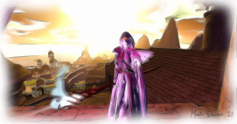 city clothing cloud female high_place magic melee_weapon outside polearm robe sky solo staff sunset weapon esme_belles_(artist) cen_the_herbalist mana_mutated_crux digital_media_(artwork)