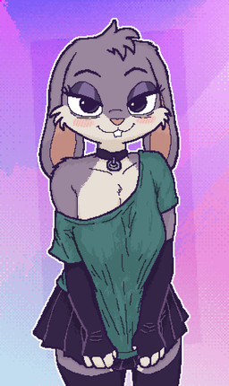 abstract_background anthro blush bottomwear breasts choker cleavage clothed clothing curvy_figure female gloves half-closed_eyes handwear jewelry looking_at_viewer narrowed_eyes necklace off_shoulder outline oversized_clothing simple_background skirt smile solo standing sweater topwear ircluzar violet_bunny lagomorph leporid mammal rabbit colored digital_media_(artwork) hi_res pixel_(artwork) shaded