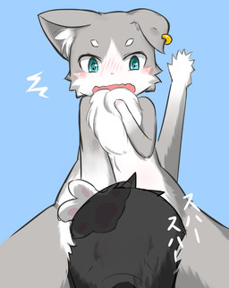 ambiguous_gender anthro blue_eyes blush chest_tuft duo ear_piercing embarrassed fur grey_body grey_fur hand_on_head looking_down male male/ambiguous open_mouth piercing pushing simple_background smothering sniffing sound_effects spread_legs spreading text translucent translucent_body tuft white_body white_fur kmmm re:zero puck_(re:zero) domestic_cat felid feline felis human mammal digital_media_(artwork) hi_res japanese_text translated