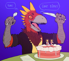 anthro black_clothing black_jacket black_topwear blue_background brown_body brown_fur cake clothed clothing cutlery dessert food front_view fur gloves_(marking) happy head_feathers holding_knife holding_object holding_spoon jacket kitchen_utensils knife male markings open_clothing open_mouth open_topwear pink_tongue red_body red_eyes sharp_teeth simple_background solo spoon teeth tongue tools topwear yellow_body 0ct0m0n0 dinosaur prehistoric_species reptile scalie hi_res