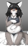 2019 after_transformation anthro bed belly biped black_hair blush bodily_fluids bra breasts canid canine canis clothing eyewear female furniture glasses grey_background hair hand_on_belly hi_res kemono kneeling looking_at_viewer mammal navel on_bed overweight overweight_anthro overweight_female shitsu_kushi-mono simple_background solo tears underwear wolf yellow_eyes