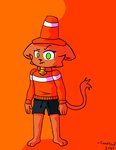 anthro bell bell_collar bottomwear clothing collar eyebrows facial_tuft gold_bell green_eyes looking_at_viewer male raised_eyebrow shading_eyes shorts solo tail traffic_cone tuft coneheadedguy coneheadthecat felid feline mammal shaded