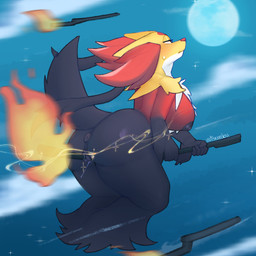 anthro anus areola big_breasts big_butt black_areola black_body black_eyes black_fur black_nipples bodily_fluids breasts butt eyelashes female female_anthro fire full_moon fur genitals grinding huge_breasts huge_butt inner_ear_fluff moon night nipples red_body red_fur red_nose side_view solo sweat sweatdrop thick_thighs tuft vulva white_body white_fur wide_hips yellow_body yellow_fur aritafloppa nintendo pokemon pokemon_legends_z-a generation_9_pokemon mega_delphox mega_evolution pokemon_(species) 1:1 absurd_res hi_res