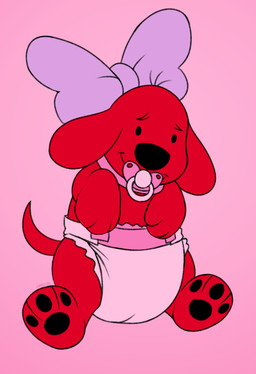 ambiguous_gender black_pawpads bow_accessory bow_ribbon clothed clothing diaper dot_eyes feminization feral floppy_ears fur pacifier pawpads paws pink_background pink_clothing pink_diaper pink_pacifier red_body red_fur simple_background simple_eyes sitting solo text wearing_diaper young young_feral cyadical clifford_the_big_red_dog pbs scholastic clifford_(clifford_the_big_red_dog) canid canine mammal 2025 artist_name digital_drawing_(artwork) digital_media_(artwork) flat_colors full-length_portrait hi_res portrait