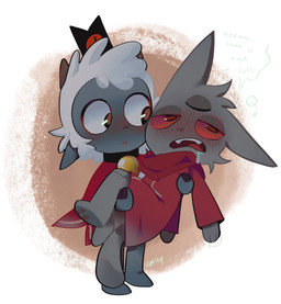 ambiguous_anthro ambiguous_gender anthro barefoot biped blush bodily_fluids carrying_another clothing dialogue drooling duo feet open_mouth red_clothing saliva speech_bubble standing text xamsdy cult_of_the_lamb massive_monster_(studio) lamb_(cult_of_the_lamb) narinder red_crown_(cult_of_the_lamb) bovid caprine domestic_cat felid feline felis mammal sheep 2026 digital_drawing_(artwork) digital_media_(artwork) english_text hi_res