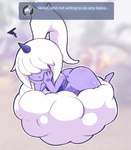 bottomless butt clothed clothing cloud female hair hair_over_eyes hand_on_face horn lying not_furry on_front ponytail purple_body purple_skin short_stack solo text topwear tube_top white_hair masked-agent palworld pocketpair dazzi_(pal) humanoid pal_(species) hi_res